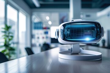 Poster - VR headset on a desk in modern office. Future technology concept.