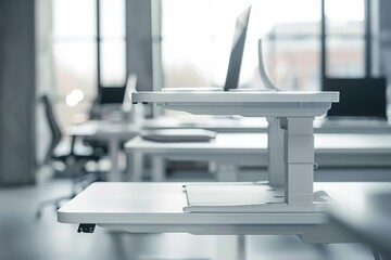 Poster - modern office workspace with adjustable height desks and laptops.
