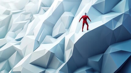 Poster - A figure in red navigating a stylized icy landscape of geometric shapes.
