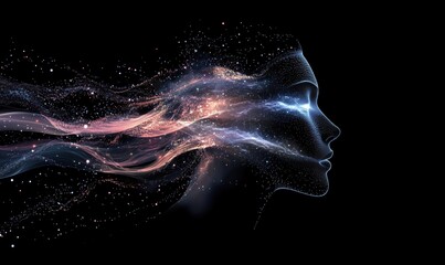 Poster - Abstract representation of a woman's profile with flowing cosmic energy and particles, symbolizing creativity and imagination
