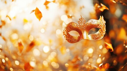 Poster - golden decorative mask surrounded by shimmering bokeh leaves