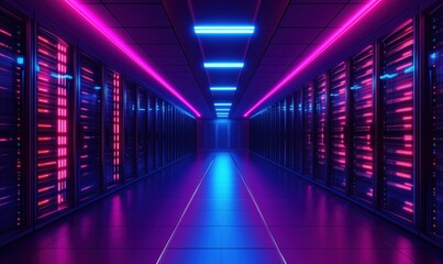 Poster - Futuristic data center corridor illuminated with vibrant blue and pink neon lights, showcasing rows of high-tech servers and advanced technology