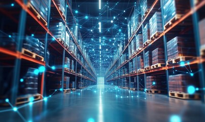 Poster - Futuristic warehouse interior showcasing advanced technology and connectivity, featuring organized shelves with pallets, illuminated pathways, and digital network overlays