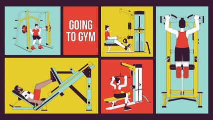Poster - Men gym sports training animated bento grid layout. Weights lifting, pullups. Bodybuilding muscles. Exercise male 2D animation flat cartoon ui collage design. 4K video motion graphic collection