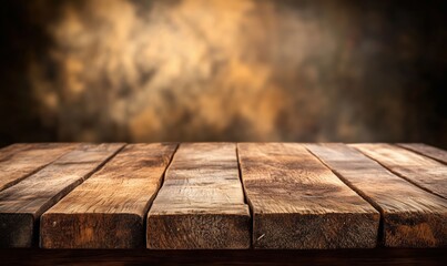 Wall Mural - Rustic wooden table surface with textured planks and warm blurred background, ideal for product display or photography