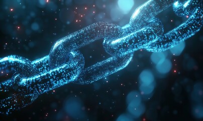 Poster - Digital chain link representing blockchain technology, glowing blue with binary code, abstract background with bokeh effect