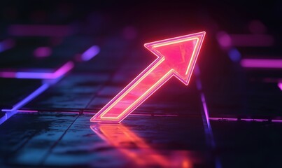 Poster - Neon arrow symbolizing growth and progress on reflective surface with vibrant lighting