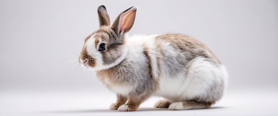 a small bunny standing on its hind legs on a white background, with soft fur illuminated