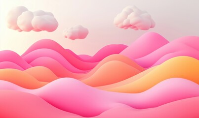 Poster - Colorful abstract landscape with pink, orange, and yellow waves and fluffy clouds
