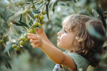 Wall Mural - Child reaching for ripe olives on a tree during a harvest