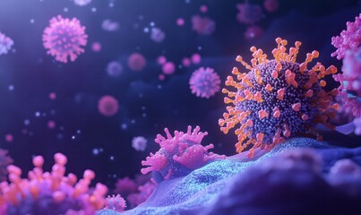 Poster - Microscopic view of coronavirus particles showcasing intricate structures and vibrant colors, highlighting viral replication and infection process