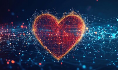 Poster - Digital heart shape glowing with interconnected lines and nodes, representing love, technology, and connectivity in a vibrant blue and red color scheme