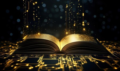 Poster - Open book with glowing golden pages and digital circuit patterns, symbolizing knowledge, technology, and innovation