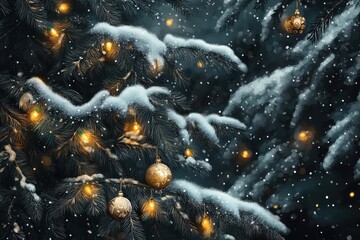 Poster - Christmas tree branches covered in snow with glowing ornaments and lights, perfect for winter holiday banners