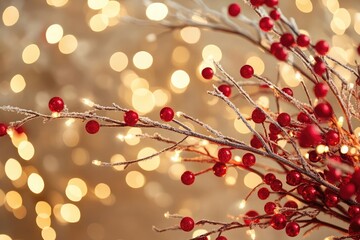 Poster - Classic red and gold holiday backdrop featuring frosted branches, warm lighting, and festive seasonal elements