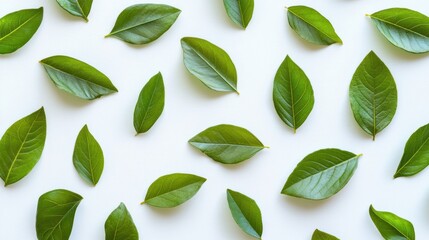 Poster - A flat lay of assorted green leaves on a white background, showcasing nature's beauty.