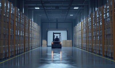 Poster - Forklift navigating through warehouse aisle with stacked boxes on shelves, showcasing organized storage and logistics operations