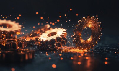 Poster - Glowing metallic gears with sparks, showcasing intricate design and industrial aesthetics, perfect for technology and engineering themes