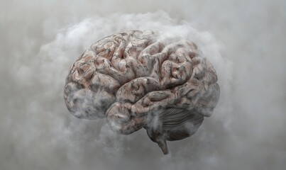 Poster - Brain shrouded in mist, showcasing intricate neural patterns and textures, symbolizing thought, creativity, and the complexity of human cognition