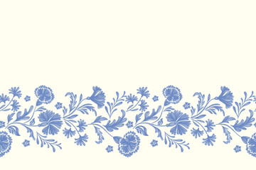 Vintage floral ethnic tapestry modern embroidery texture boho design vector illustration hand drawn silhouette indigo blue flower motif branches leaves wallpaper seamless background border.