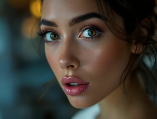 Poster - close-up of a person with light skin and green eyes. The background is blurred, focusing attention on the subject.