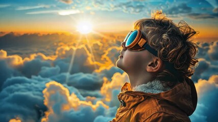 Poster - A young child in a warm, orange jacket looks up at a breathtaking sunset, surrounded by fluffy clouds. The scene conveys a sense of wonder and imagination, evoking dreams of adventure.