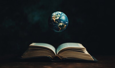 Poster - Floating Earth above Open Book Symbolizing Knowledge and Global Awareness