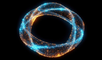 Poster - 3D glowing toroidal shape with vibrant blue and orange light trails, intricate design, abstract digital art, futuristic aesthetics