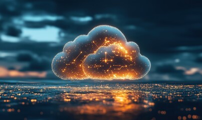 Poster - Digital cloud with glowing circuitry and data connections over reflective water surface, dramatic sky background
