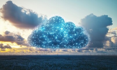 Poster - Digital cloud network with glowing connections against sunset sky, representing data storage and technology innovation
