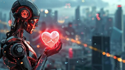 Poster - A futuristic robot stands in a bustling urban landscape, gently cradling a glowing heart. The skyline features tall buildings and shimmering lights, showcasing advanced technology and romance.