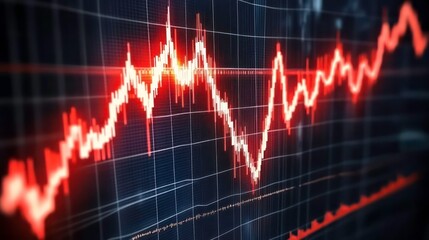 Poster - Red fluctuating line graph on dark grid background, showing market trends and data analysis.