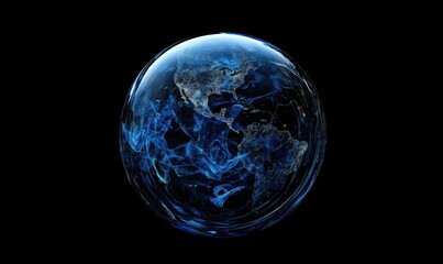 Poster - Glowing Earth Sphere with Blue Energy Swirls, Illuminated Continents, and Dark Background, Symbolizing Global Connectivity and Technology