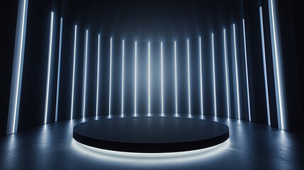 Wall Mural - Black background with reflective lights and circular platform