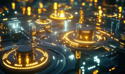 Poster - Futuristic cityscape with glowing circuits and illuminated structures, showcasing advanced technology and digital architecture