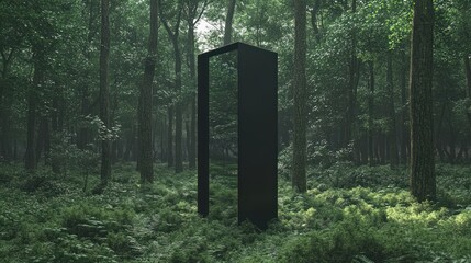 Poster - A tall black monolith stands in a lush forest.