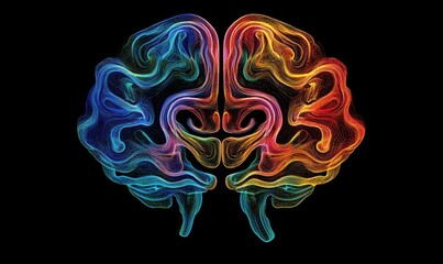 Poster - Colorful abstract brain illustration showcasing neural connections and cognitive processes, vibrant hues of blue, purple, red, and orange intertwining