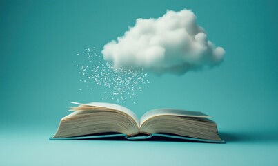 Poster - Open book with floating cloud and flying text particles, symbolizing imagination and creativity