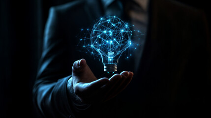 Poster - Businessman holding futuristic light bulb, innovation and technology concept