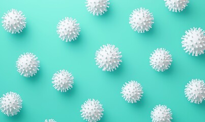 Poster - 3D Rendered White Virus Models on Turquoise Background, Abstract Representation of Microorganisms, Health and Science Concept