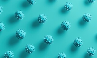 Poster - Virus particles on turquoise background, 3D rendering of microscopic view of viruses, healthcare and science concept