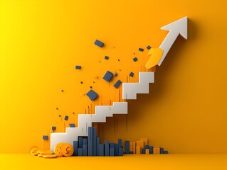 Poster - Descending Arrow Icon on Abstract Yellow Background Symbolizing Financial Decline and Mortgage Crisis Metaphor   3D with Clean Minimal and Contemporary Design
