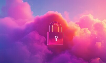 Poster - Digital padlock floating in vibrant clouds, symbolizing security and privacy in the digital realm, with colorful hues of pink and purple