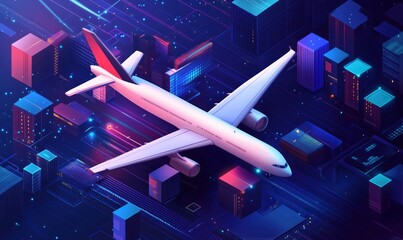 Poster - Futuristic airplane flying over a vibrant cityscape with neon lights and digital elements, showcasing modern technology and urban life