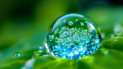Fototapete - close-up of a water bubble resting on a green leaf, with tiny bubbles inside the larger bubble, creating a mesmerizing and delicate appearance.
