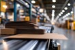 © Milos - A dynamic shot of stacked boxes on a conveyor belt in a warehouse, representing the efficiency and automation of logistics and supply chain management.