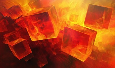 Poster - Abstract fiery cubes floating in vibrant red and orange background, showcasing dynamic energy and movement