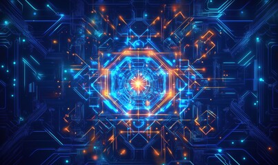 Poster - futuristic digital abstract technology background with glowing blue and orange circuitry patterns, i