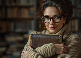 Poster - woman wearing glasses and a sweater, holding a brown wallet or book in a library with many books in the background.