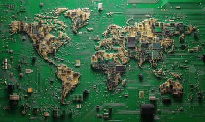 Poster - World Map Created from Circuit Board Components Representing Global Technology and Connectivity
